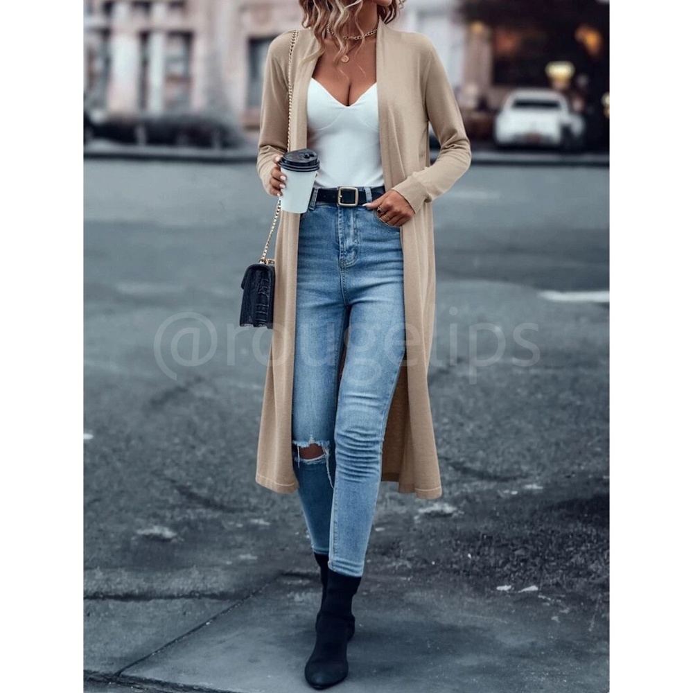 Beige Khaki Tan Light Duster Cardigan Open Long Sleeve  Knit, Stretchy - Picture 5 of 8